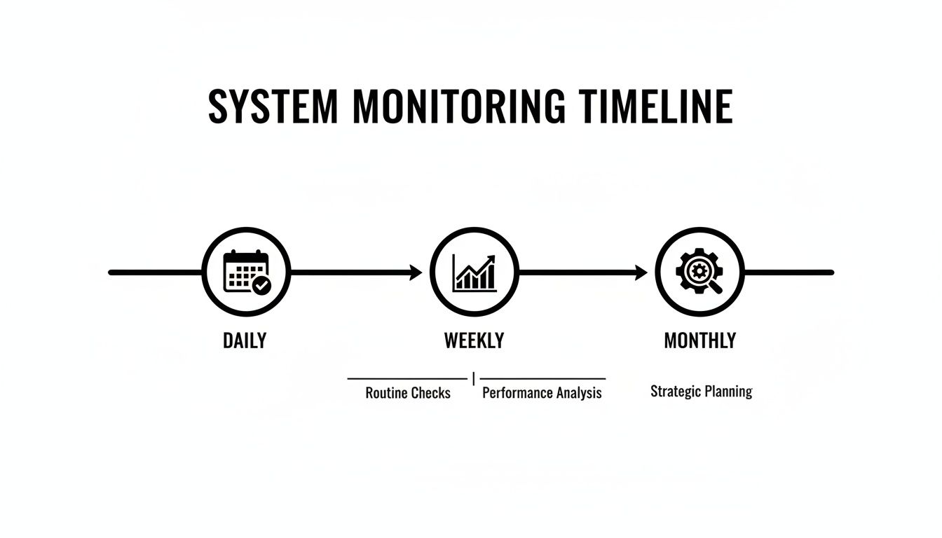 A system monitoring timeline showing daily routine checks, weekly performance analysis, and monthly strategic planning.