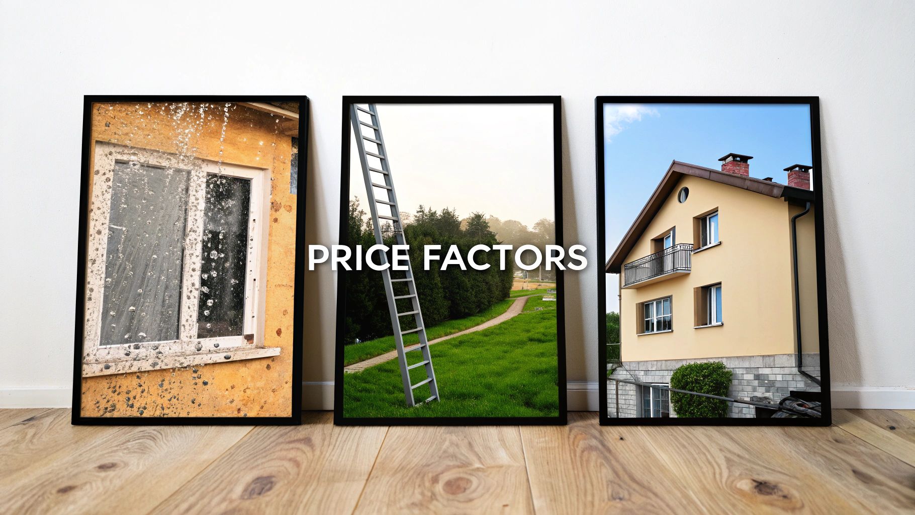 Three framed pictures illustrating price factors for window cleaning, featuring a dirty window, a ladder, and a clean house.