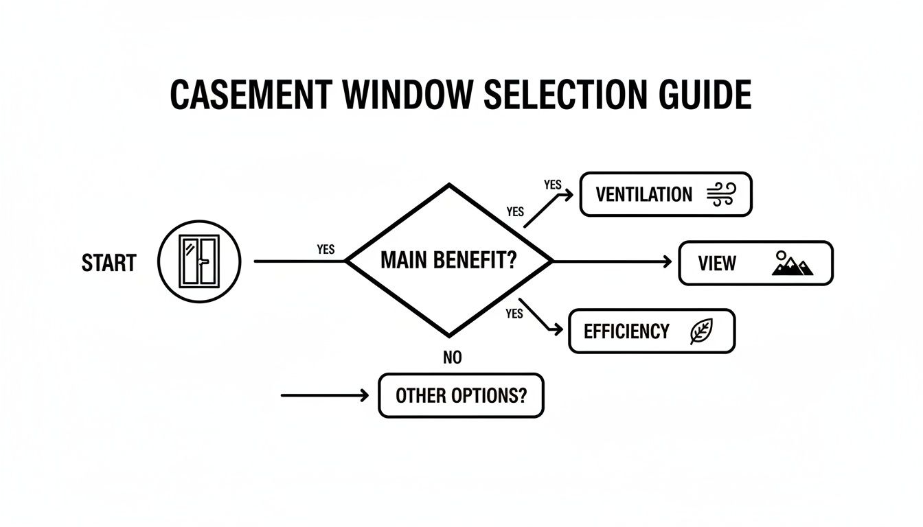 A flowchart for casement window selection, guiding users based on main benefits like ventilation, view, or efficiency.