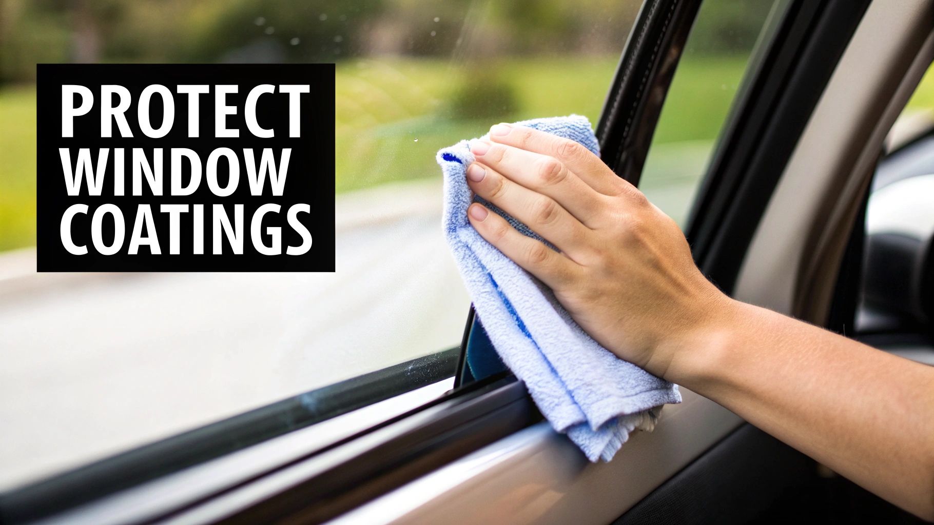 Hand cleaning a car window with a blue microfiber cloth, protecting window coatings.