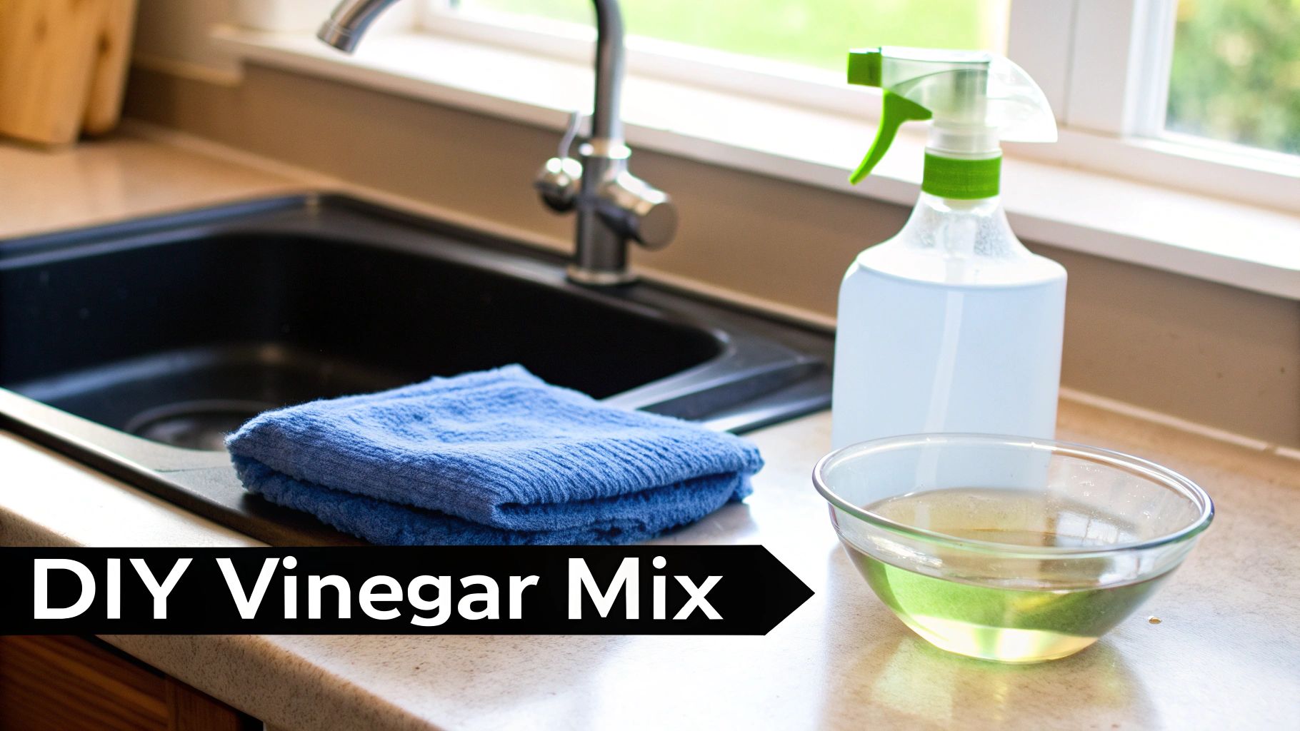 A DIY vinegar mix for cleaning, shown with a blue cloth and spray bottle near a kitchen sink.