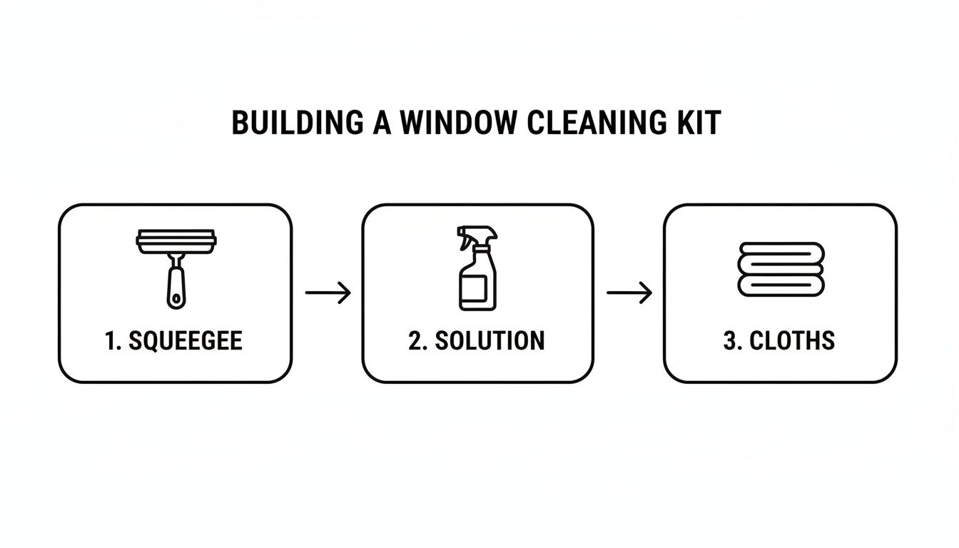 A diagram illustrating the components of a window cleaning kit: squeegee, solution, and cloths.