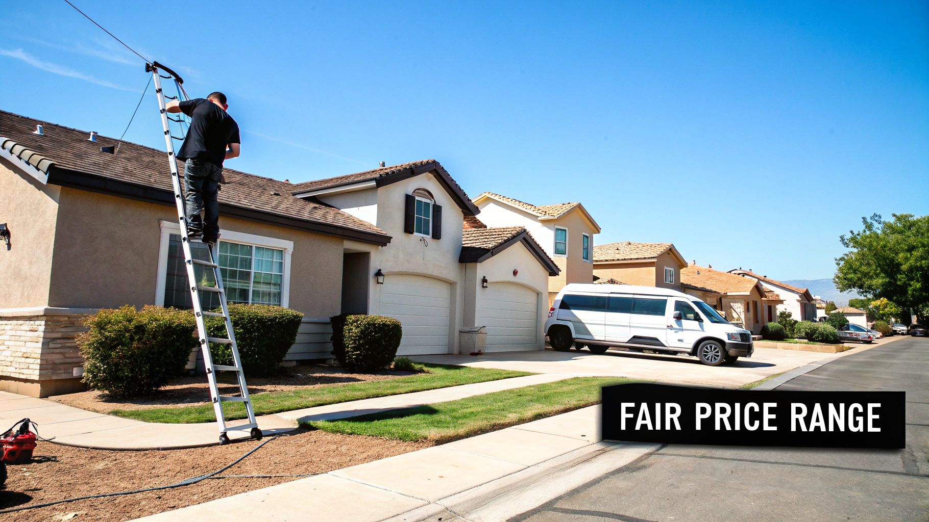 A person on a tall ladder working on the exterior of a residential house on a sunny day.