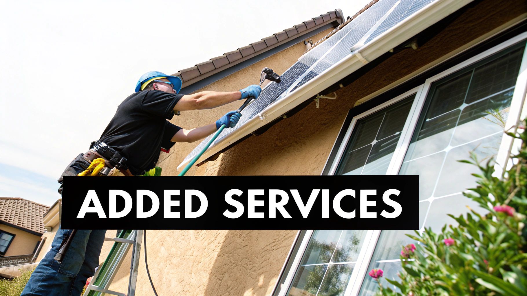 Professional cleaner on a ladder washing solar panels on a residential house, offering added services.