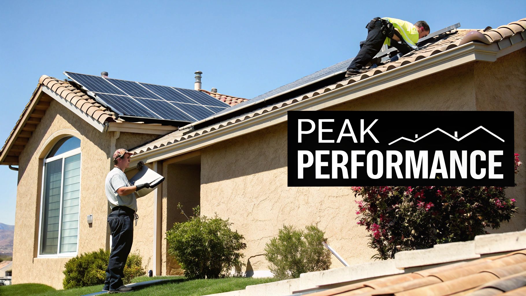 Technicians installing and maintaining solar panels on a residential rooftop, ensuring peak performance.