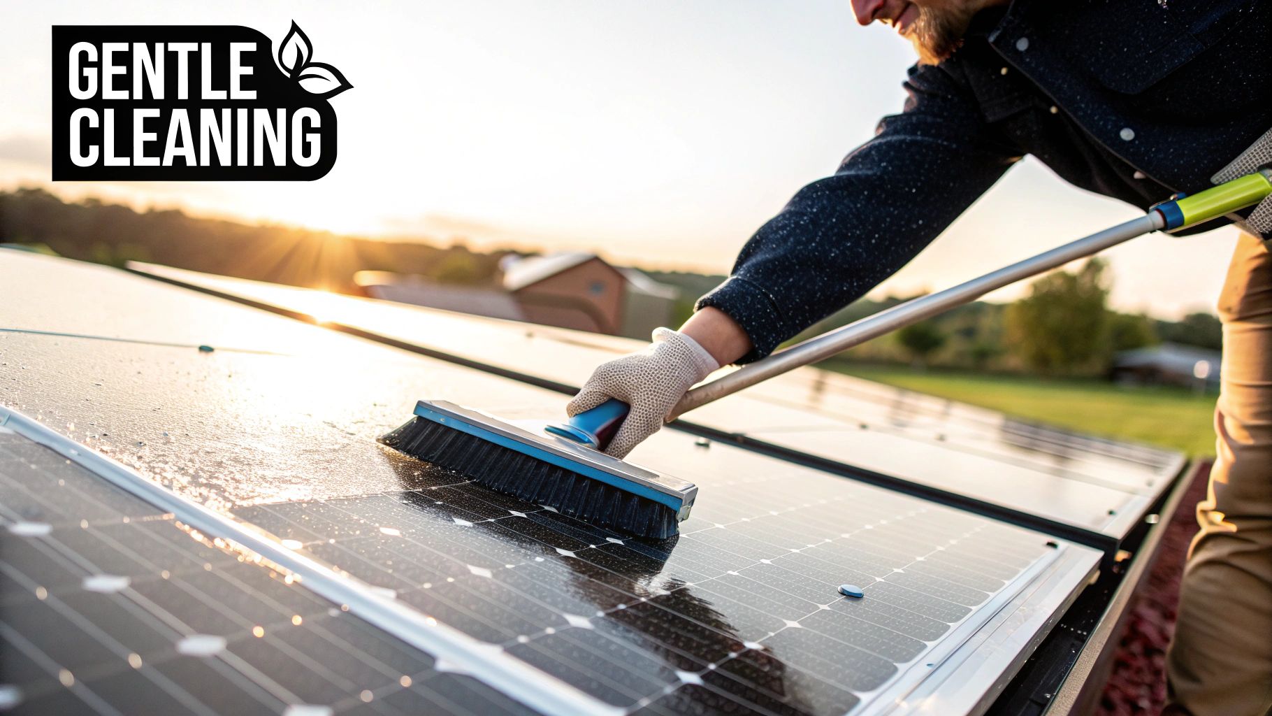 A person with gloves gently cleans dirty solar panels with a brush during sunset, emphasizing gentle cleaning.