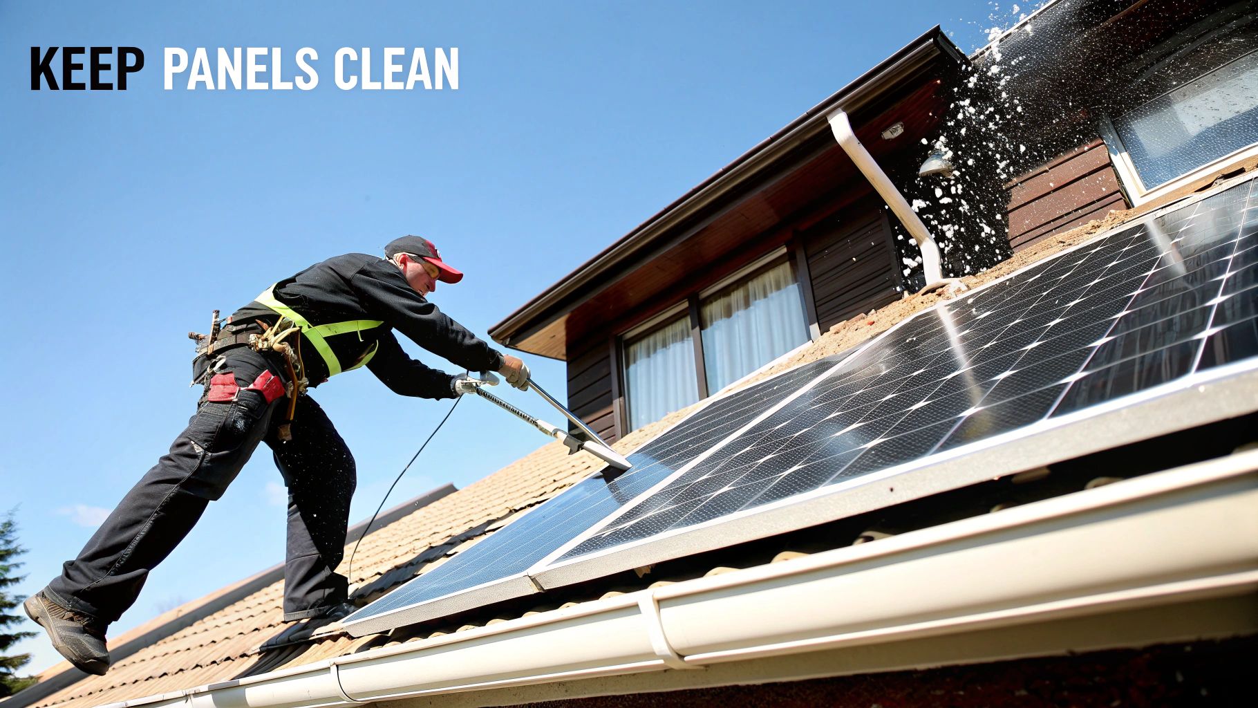 A professional worker using a long brush to clean solar panels on a residential roof.