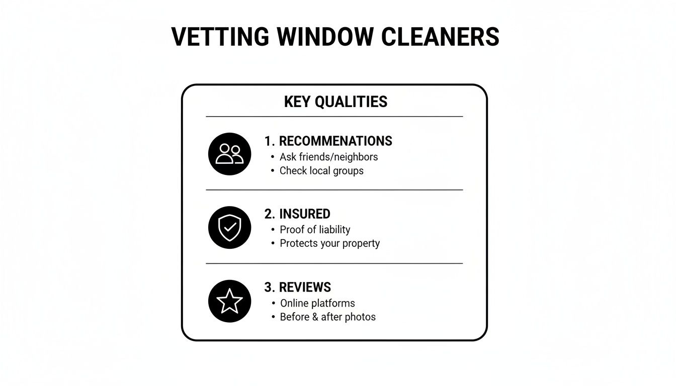 A guide on vetting window cleaners, highlighting key qualities: recommendations, insurance, and reviews.