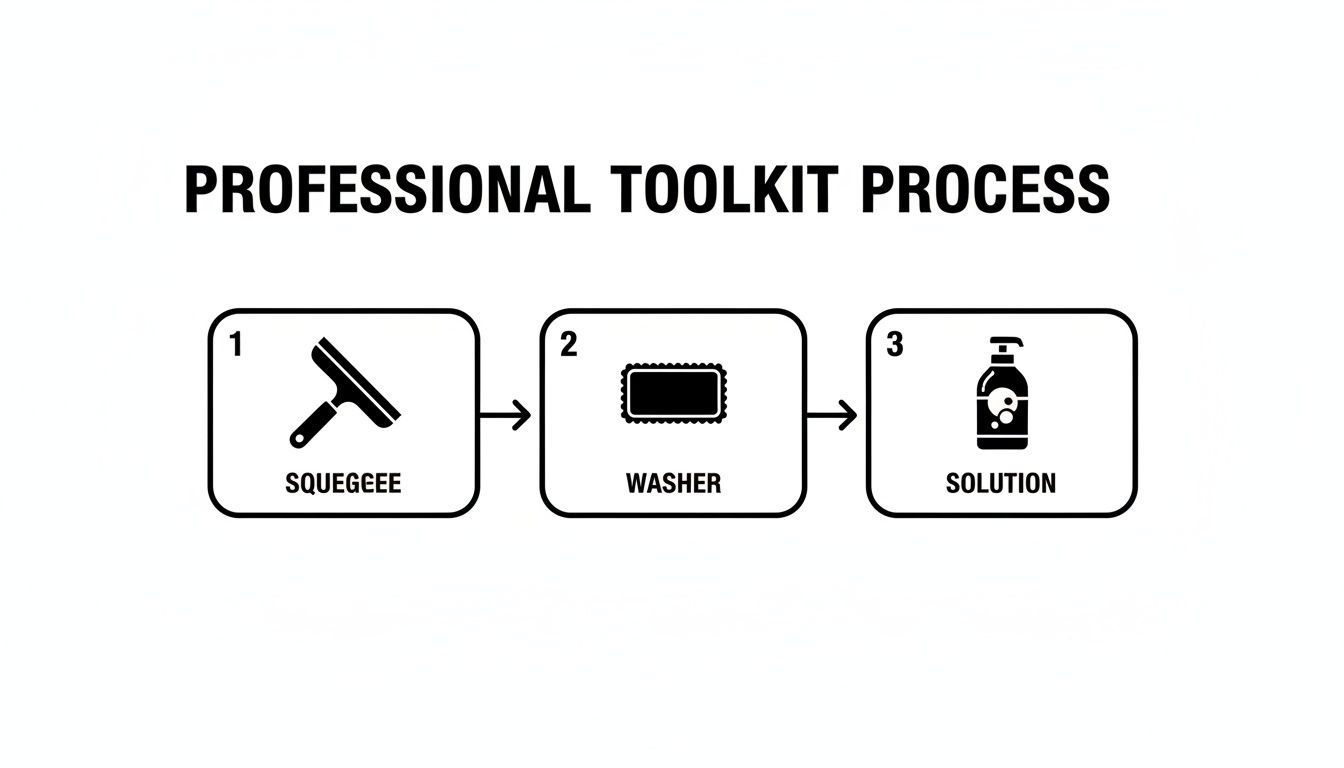 A professional toolkit process showing three steps for cleaning: squeegee, washer, and solution.