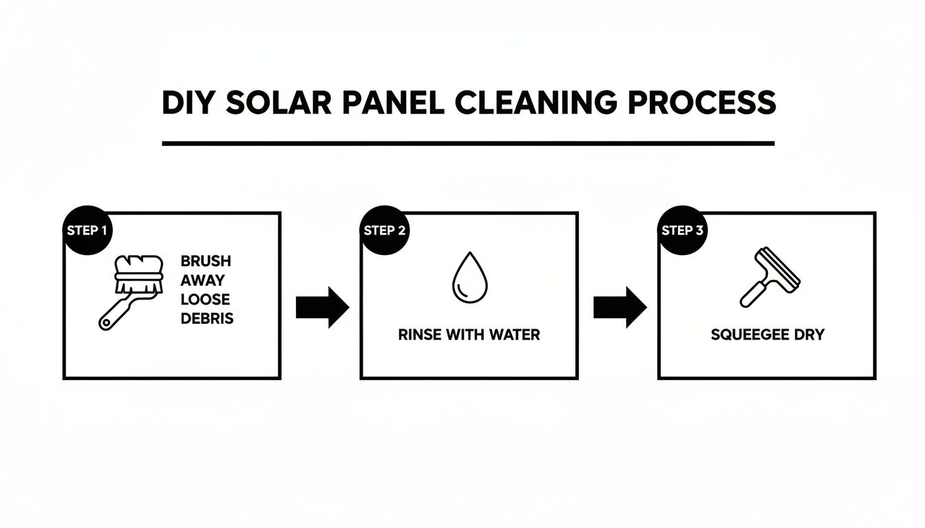 Diagram showing three steps for DIY solar panel cleaning: brush, rinse with water, and squeegee dry.