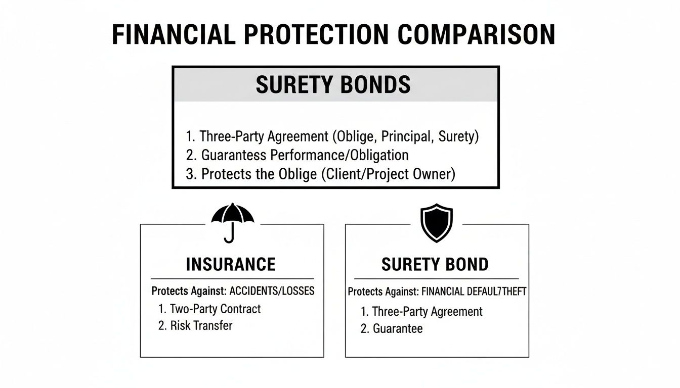 A comparison chart outlining financial protection differences between surety bonds and insurance policies.