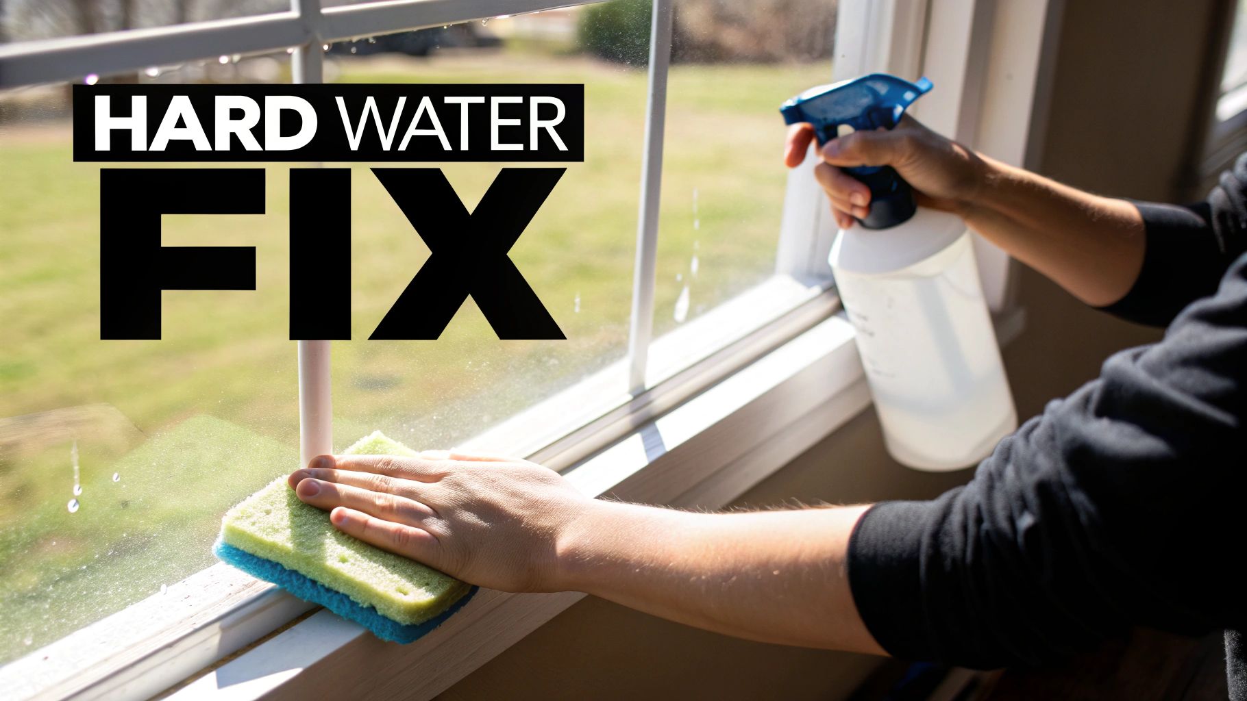 A person cleaning a window with a spray bottle and sponge to remove hard water stains.
