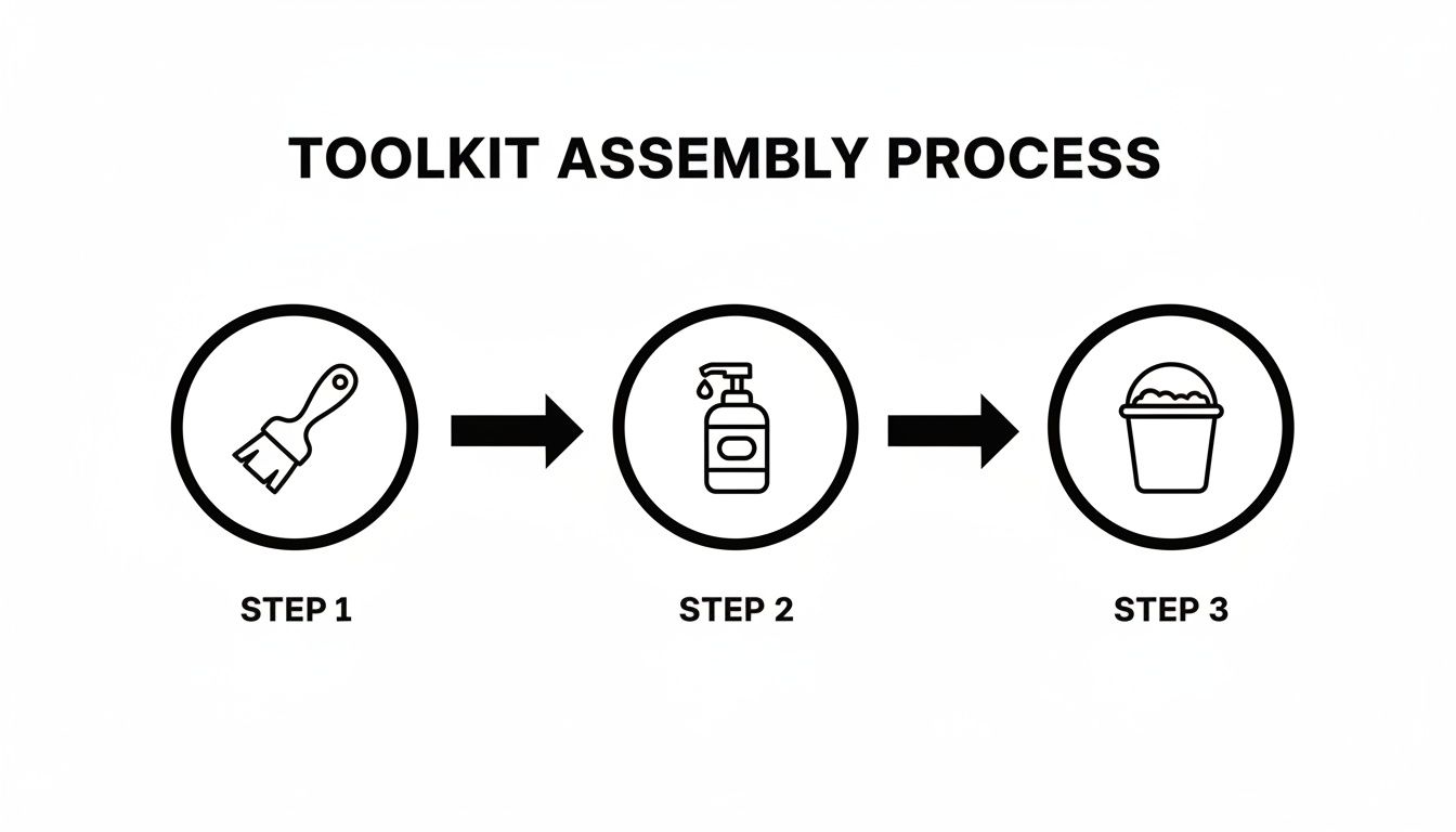 A three-step toolkit assembly process with icons: brush, pump bottle, and a filled bucket.