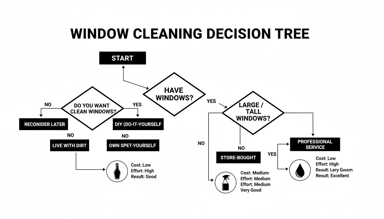 A flowchart titled 'Window Cleaning Decision Tree' guiding choices for cleaning windows based on size and desired effort.