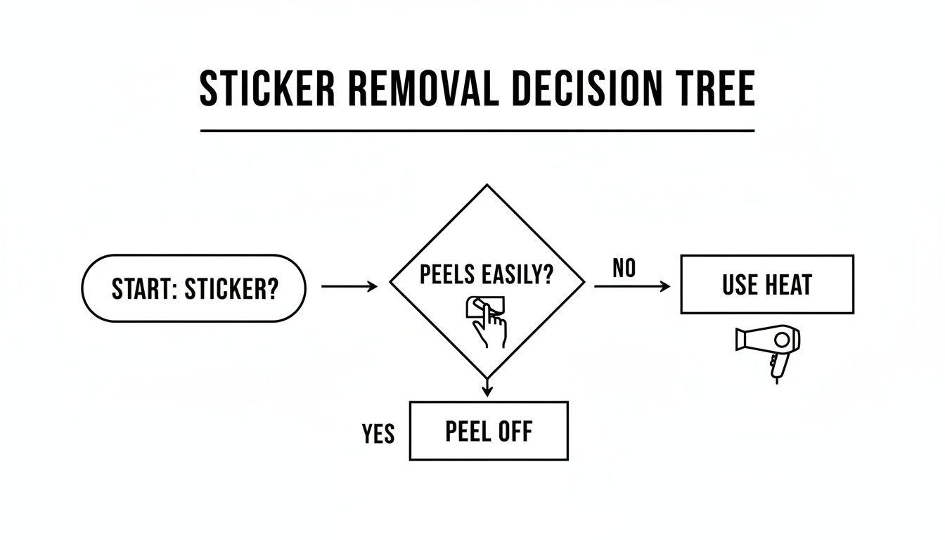 A flowchart outlining how to remove stickers, involving checking if they peel easily or require heat.
