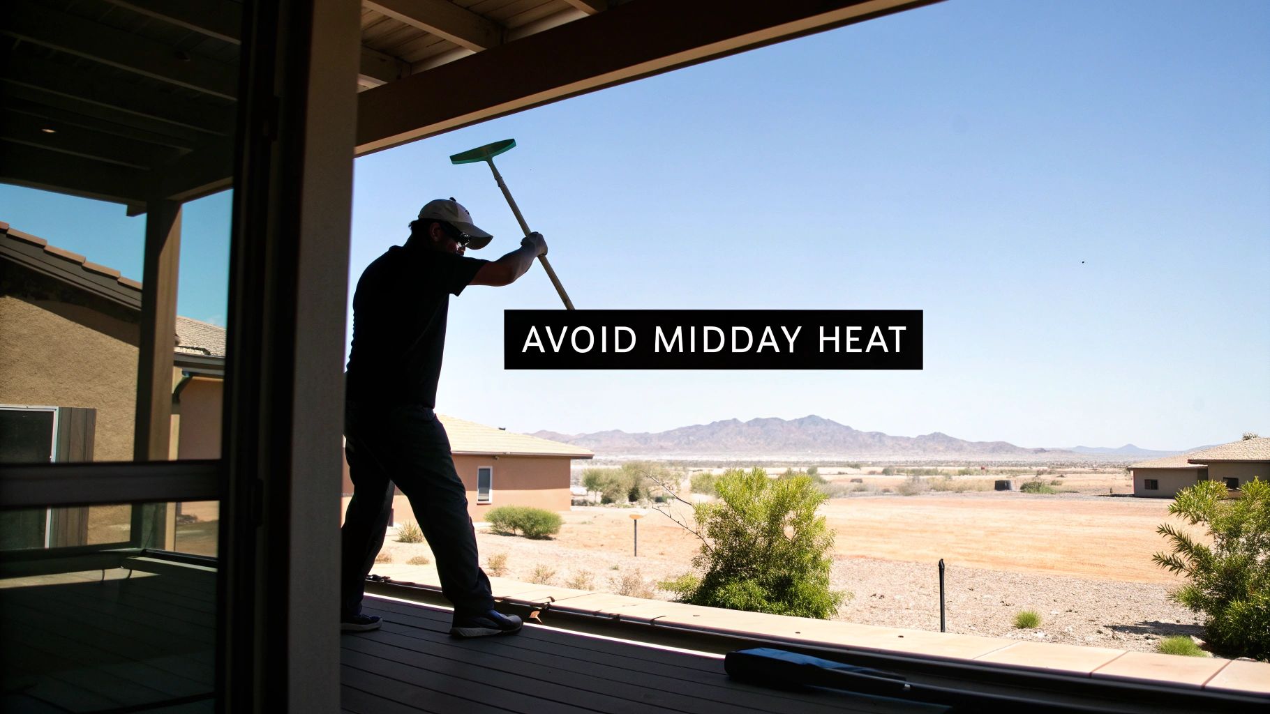 A person cleaning a large glass door on a sunny day, with the message 'AVOID MIDDAY HEAT'.