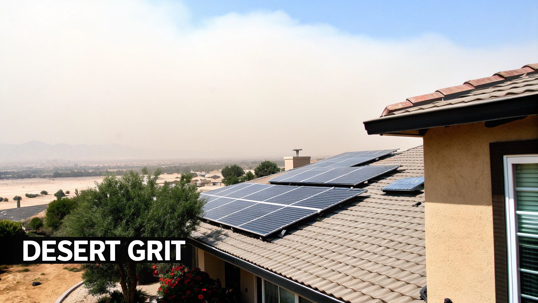 Rooftop solar panels on a house with a dusty, hazy desert landscape in the background.
