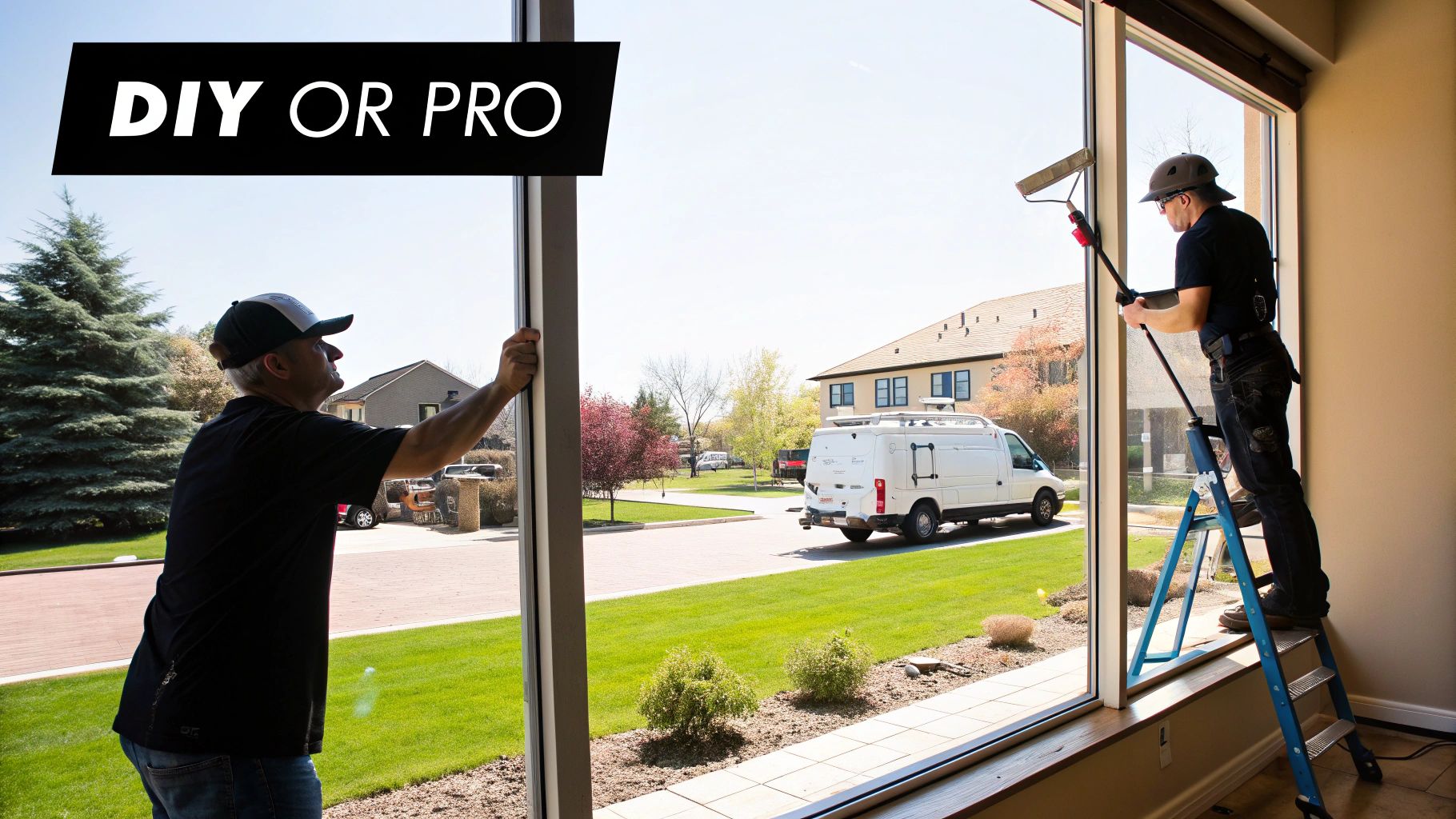 Two men cleaning large windows, one inspecting, one on a ladder, implying DIY or professional service.