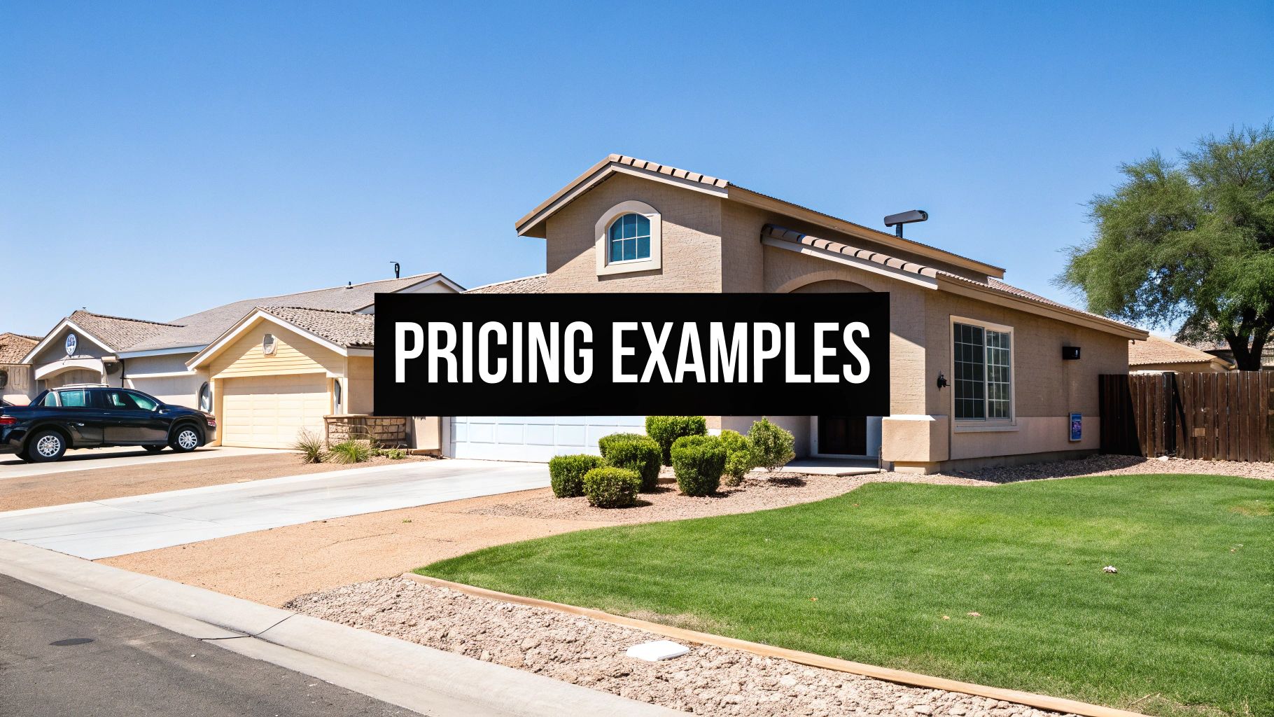 A sunny view of a residential street with several houses and a car, featuring a 'PRICING EXAMPLES' overlay.