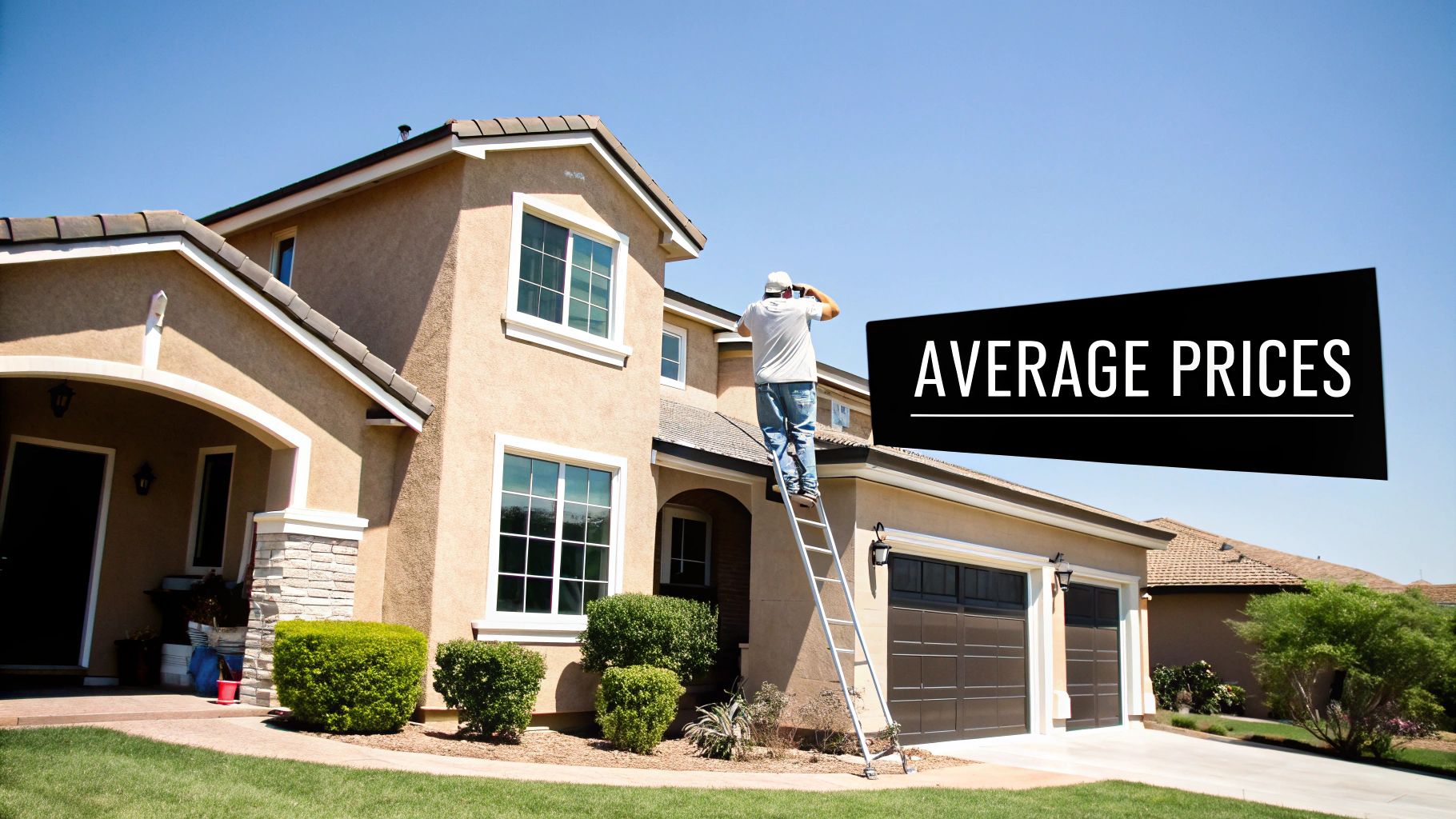 A person on a ladder cleaning a window of a two-story stucco house under a clear sky, with a 'AVERAGE PRICES' banner.