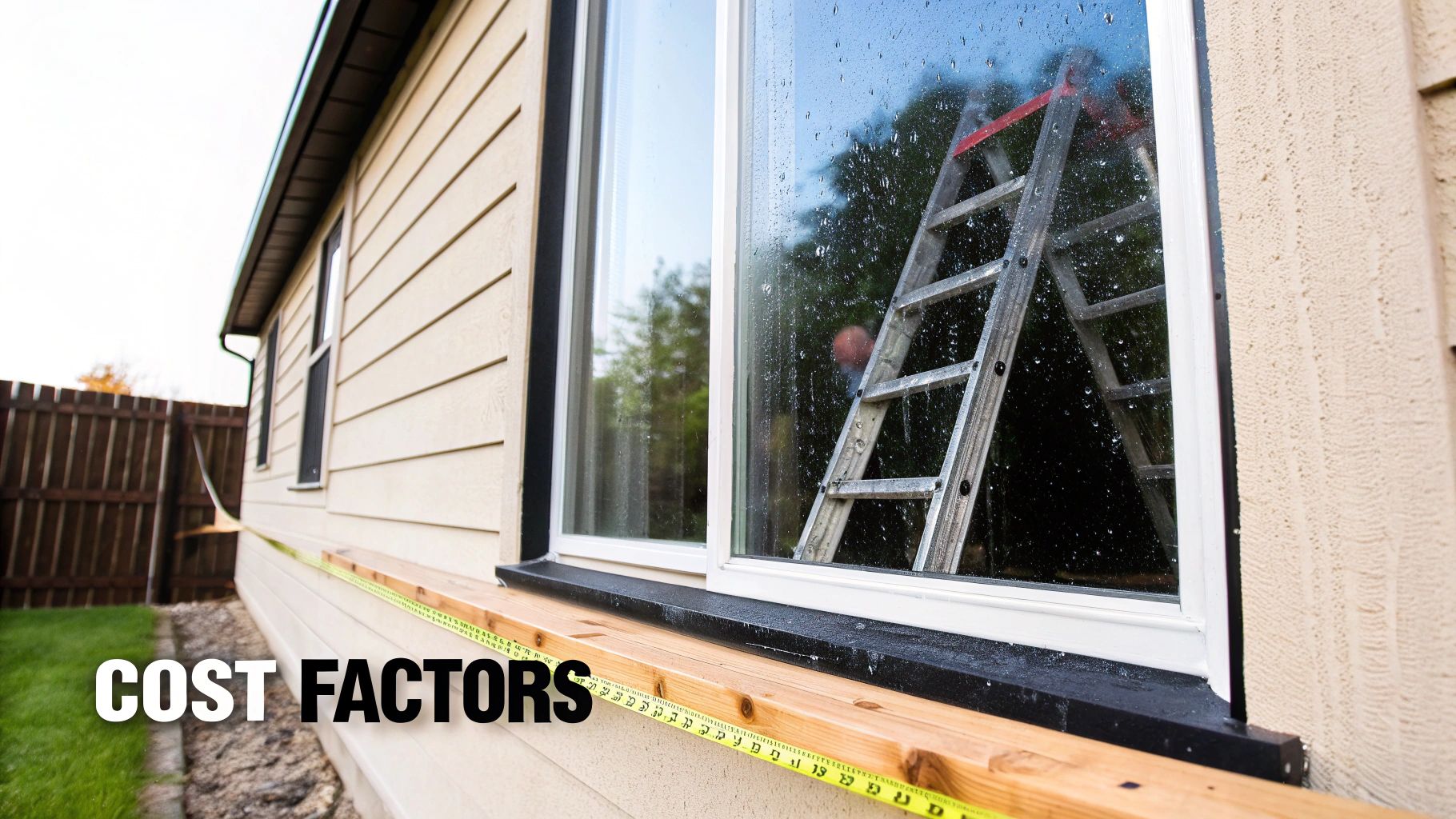 House exterior with a window reflecting a ladder, a tape measure on a wooden board, and 'Cost Factors' text.