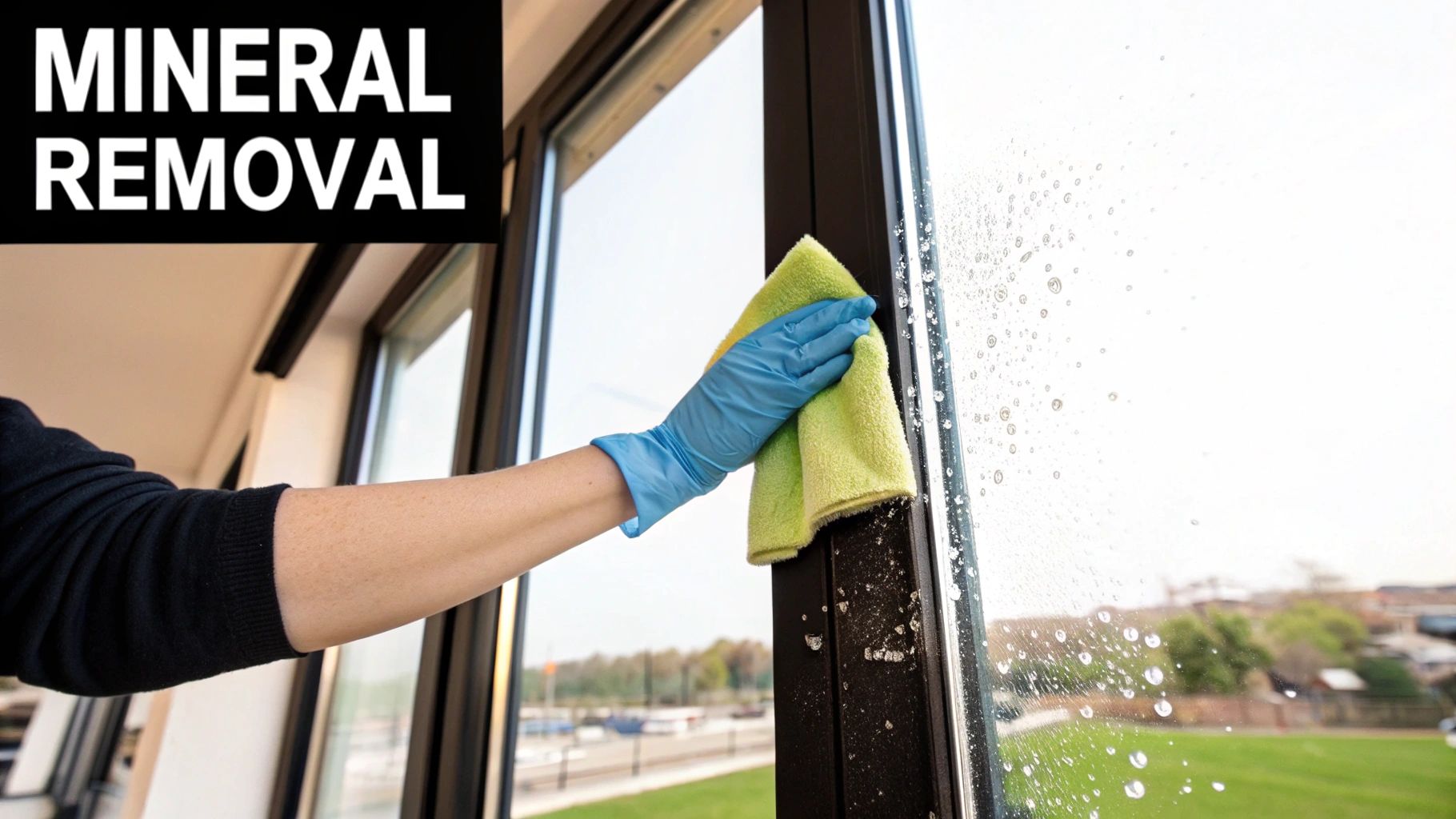 A gloved hand cleans a window with a green cloth, highlighting mineral removal service.