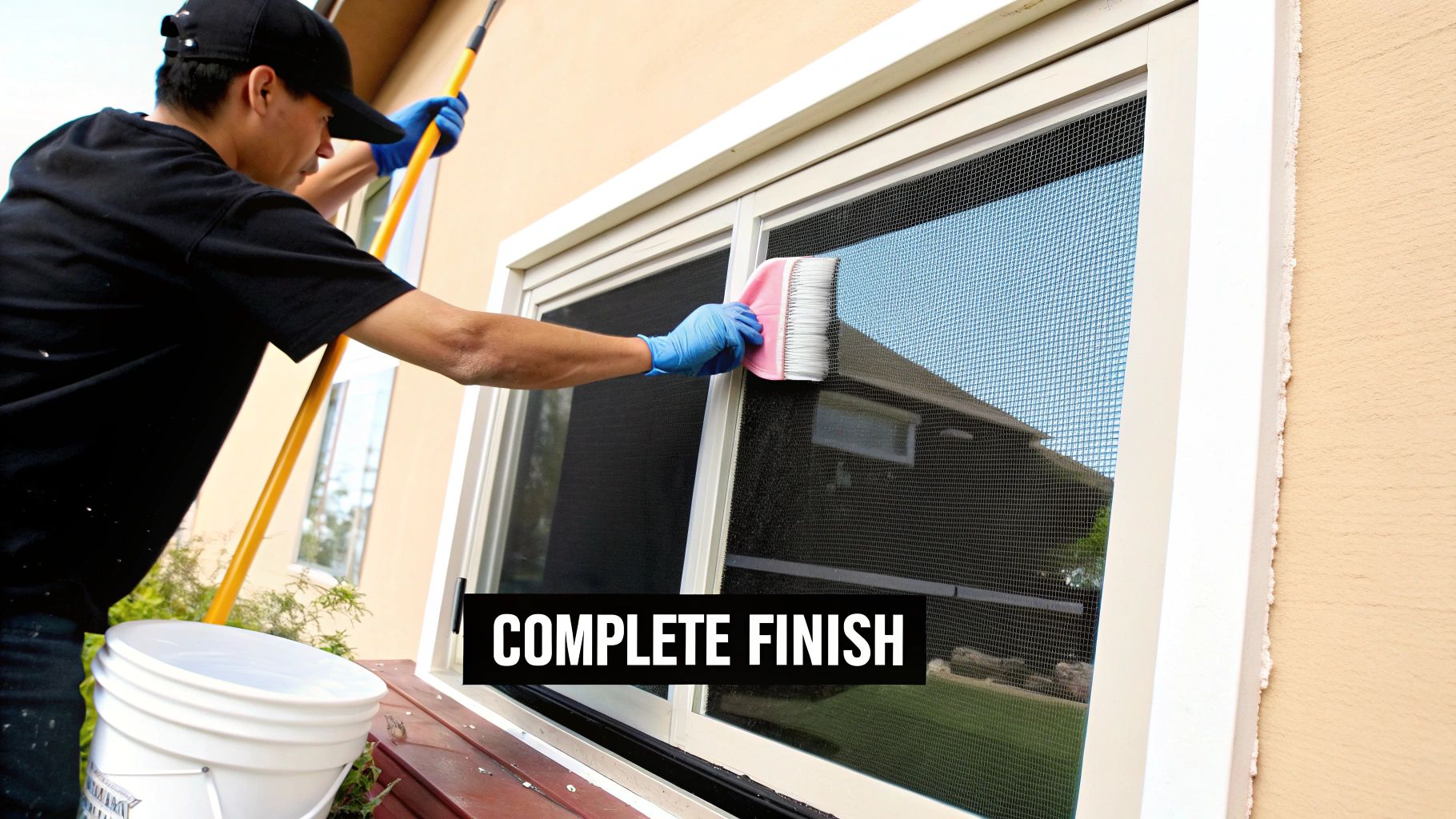 A person wearing blue gloves is diligently cleaning a window screen with a pink brush and a bucket.