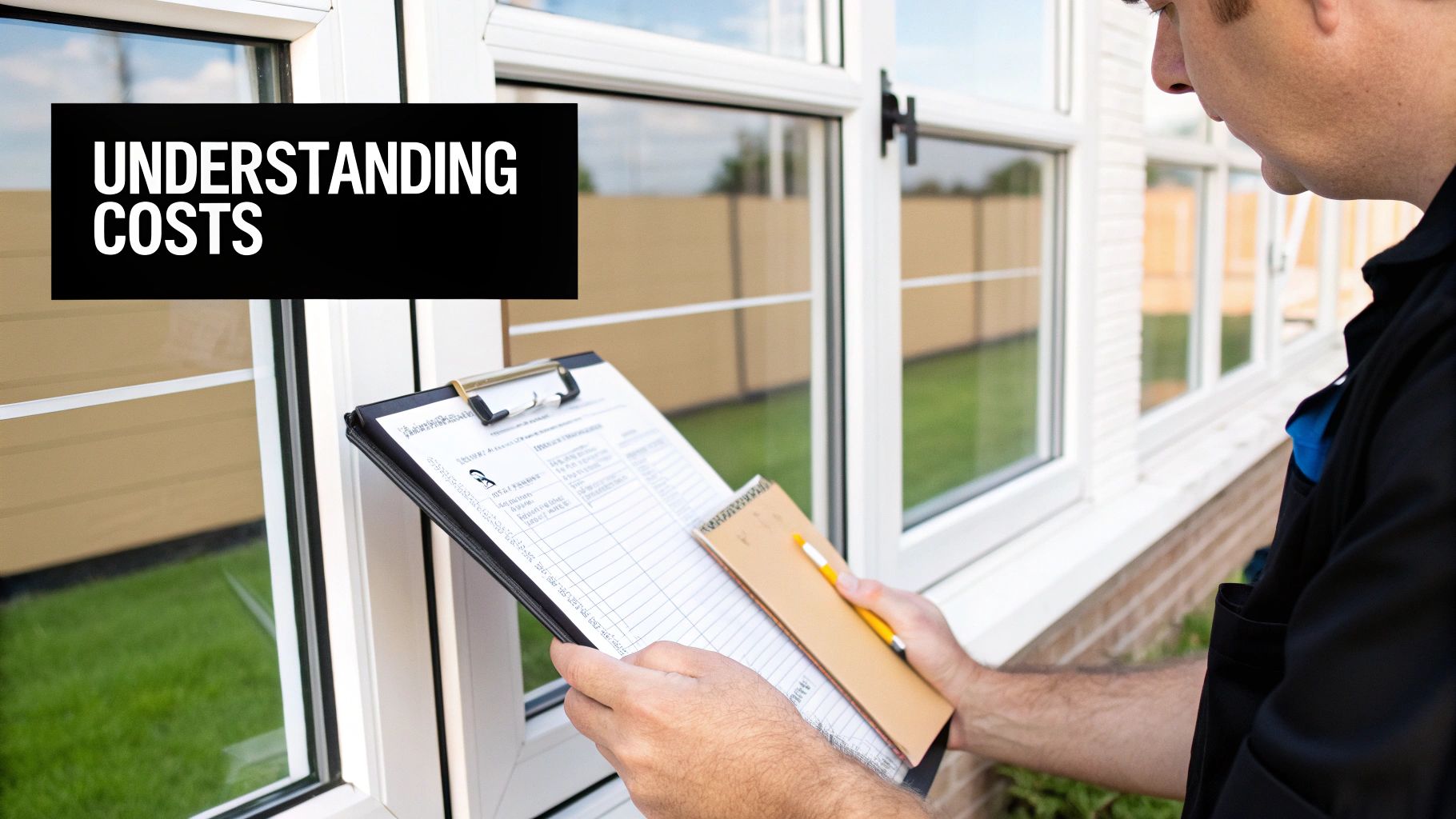 A professional holds a clipboard and notepad while inspecting new white framed windows of a house, with 'Understanding Costs' text.
