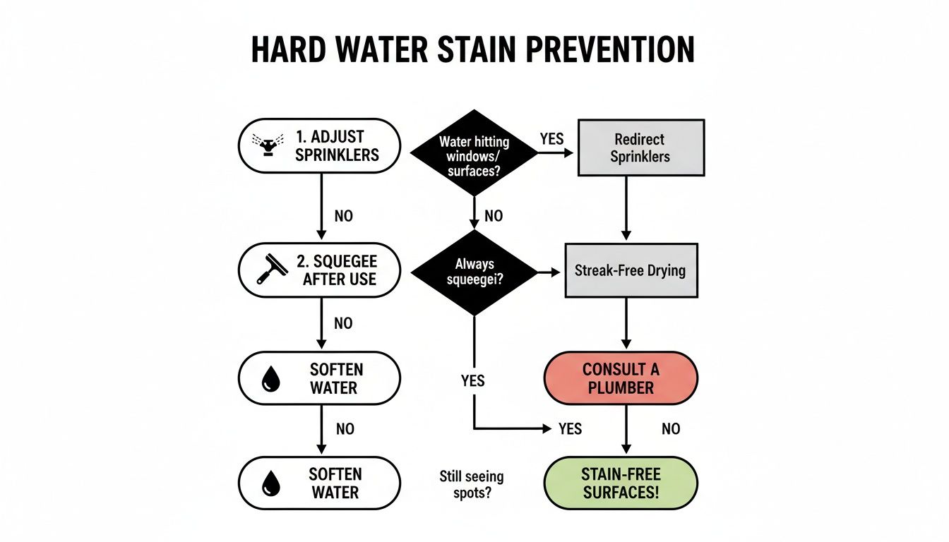 Flowchart detailing steps for hard water stain prevention on surfaces, including sprinkler adjustment, squeegeeing, and water softening.