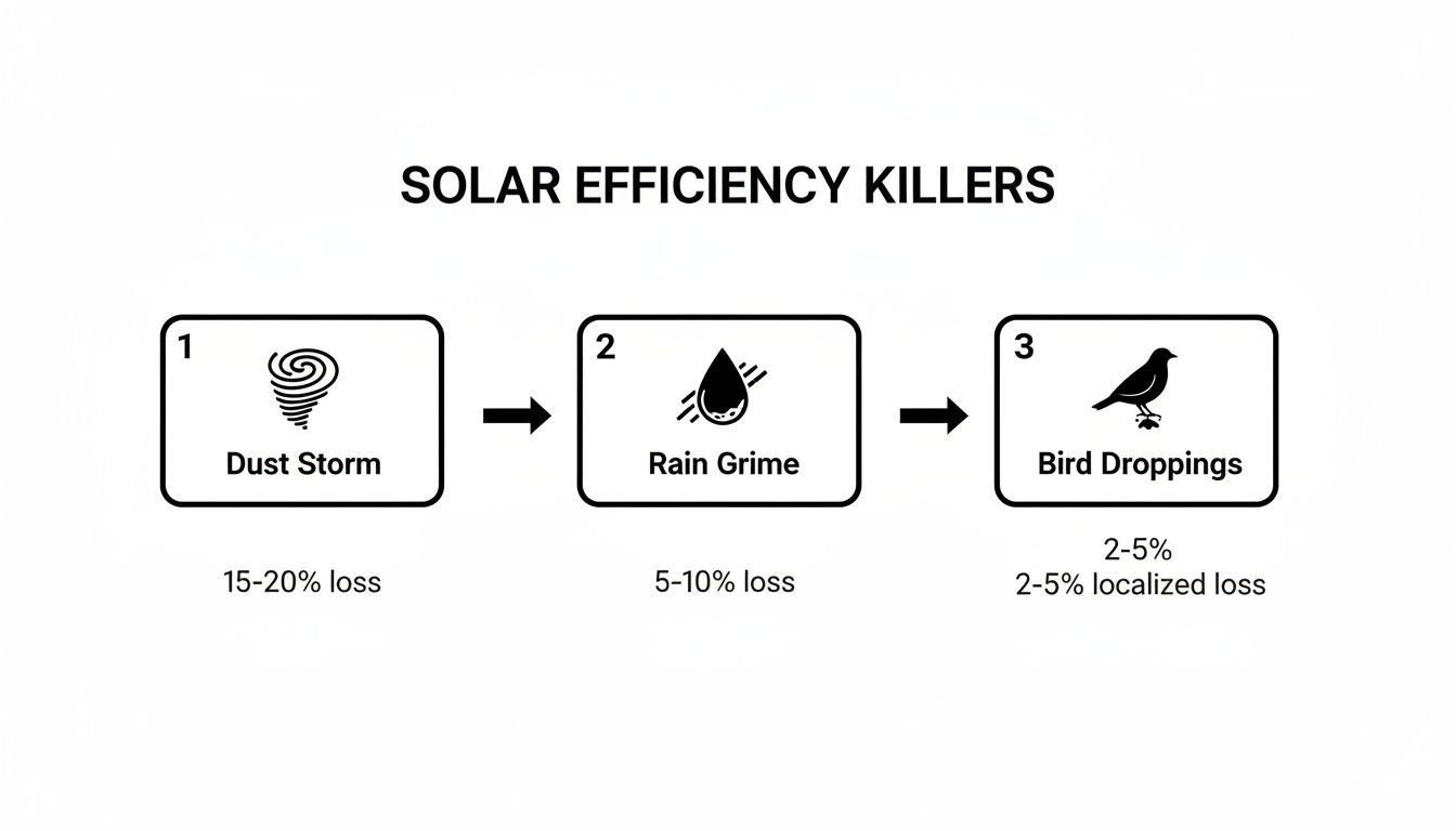 Flowchart displaying solar panel efficiency killers: dust storms, rain grime, and bird droppings with their loss percentages.