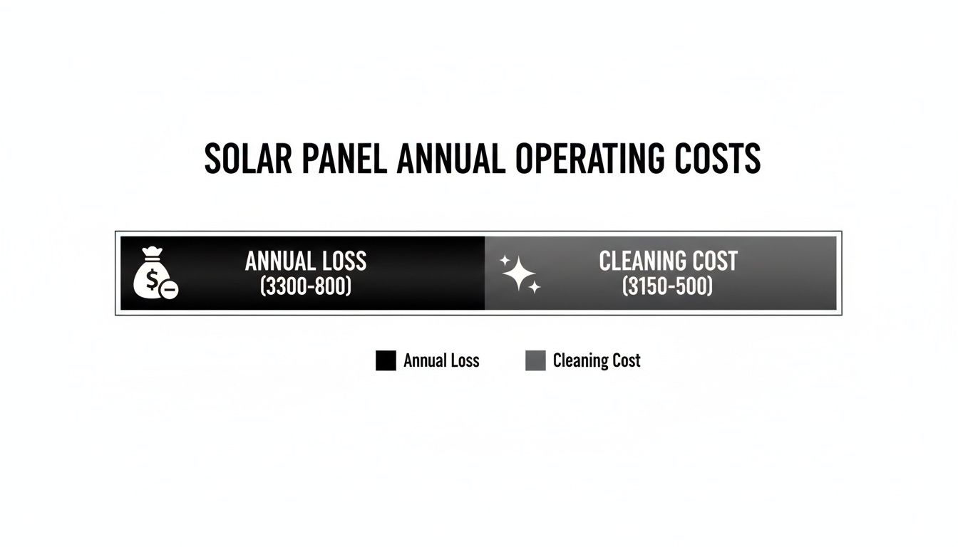 Infographic detailing solar panel annual operating costs, showing ranges for annual loss and cleaning expenses.