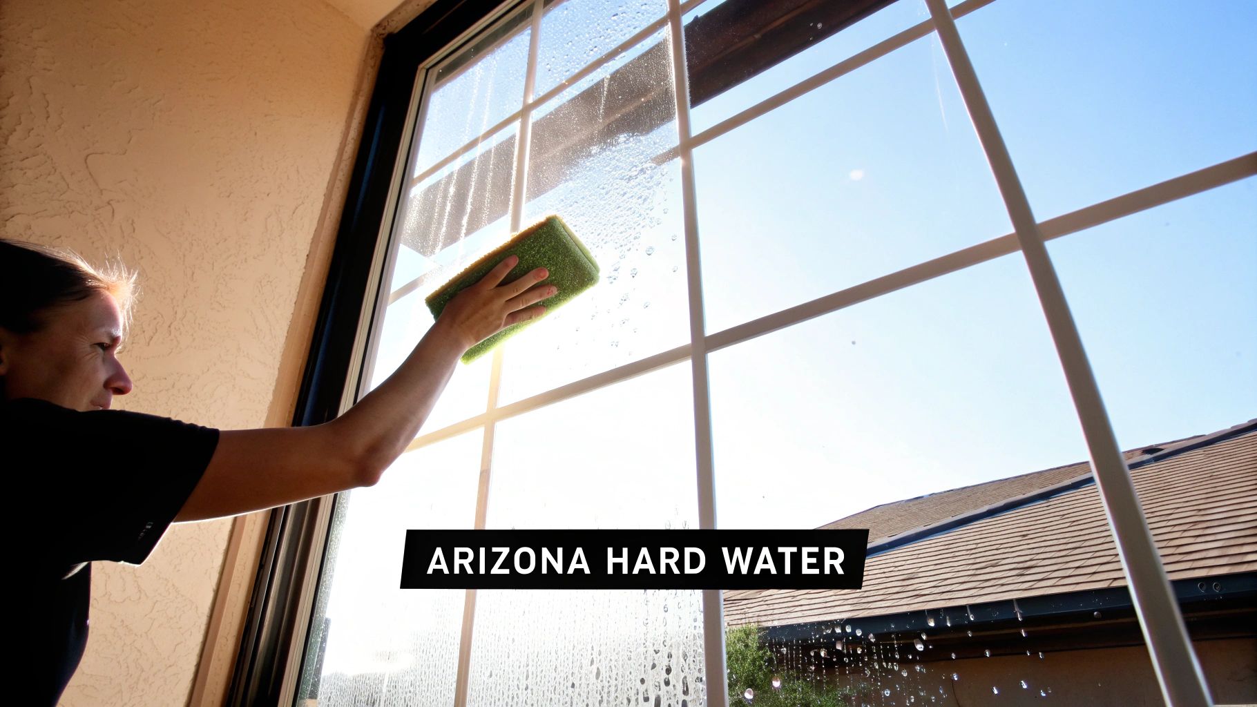 A person vigorously scrubs a window with a green sponge, cleaning off water spots.