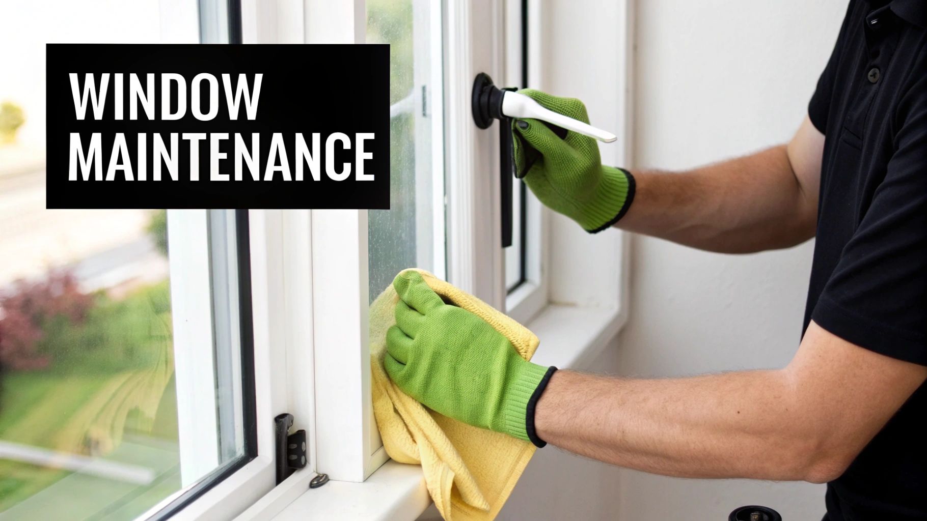 A person in green gloves is actively cleaning a white casement window frame with a yellow cloth, focusing on maintenance.