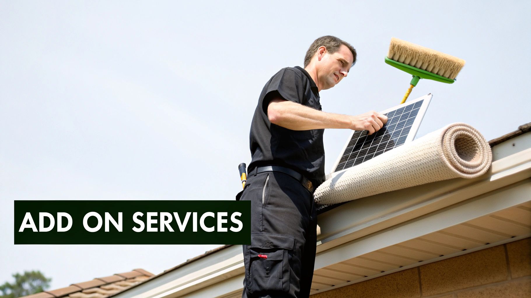 A man on a roof working with a small solar panel, next to a rolled mat and a brush.