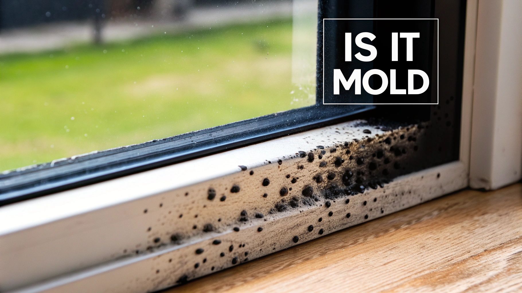 Close-up of black mold spots on a white window sill, with the text 'IS IT MOLD'.