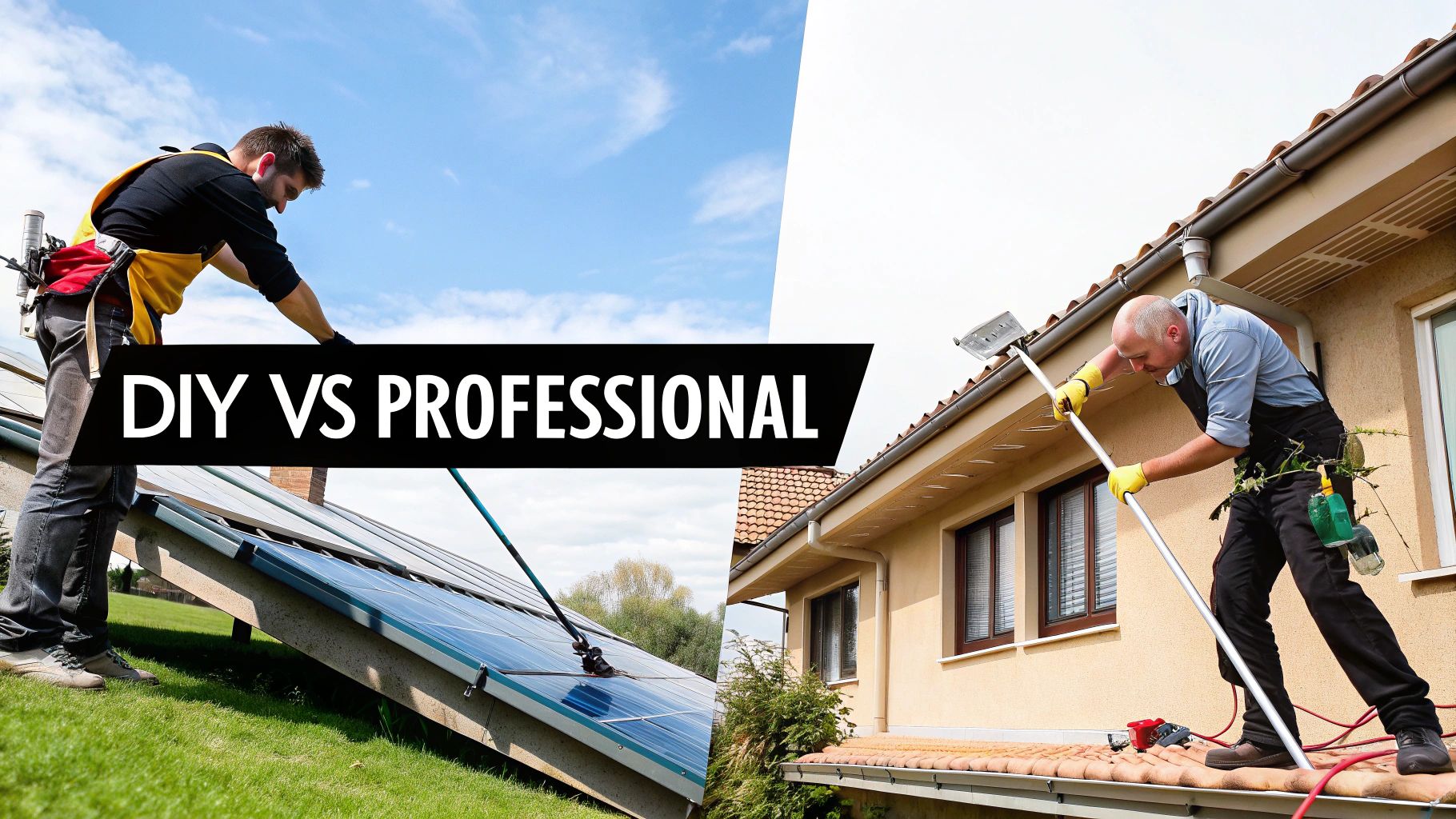 DIY vs Professional home maintenance: A man cleaning solar panels and a professional cleaning roof gutters.