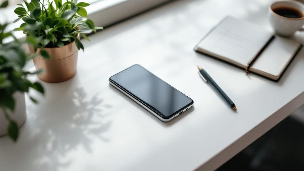 A person unboxing a new tech gadget, with the product and packaging displayed prominently on a clean desk.