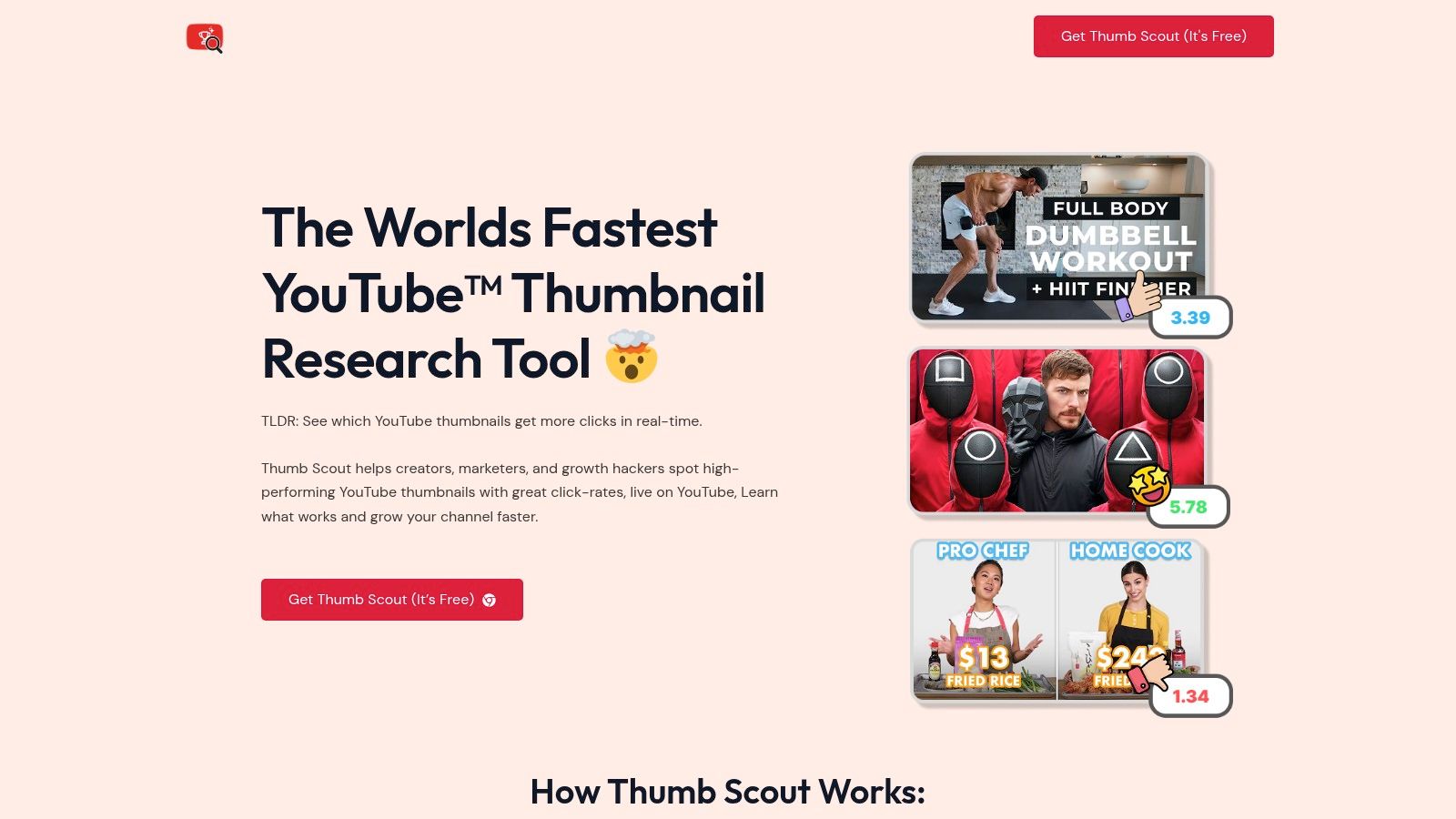 Thumb Scout in action, showing performance scores on YouTube thumbnails