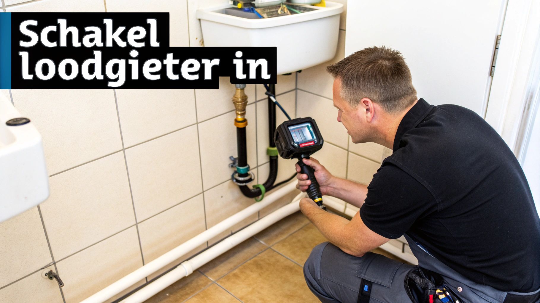 Een loodgieter inspecteert leidingen onder een wastafel met een speciale camera voor lekkage detectie.