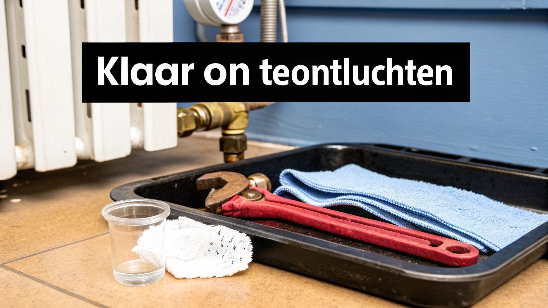 Gereedschap klaar om een radiator te ontluchten, inclusief een moersleutel, doek en opvangbakje.