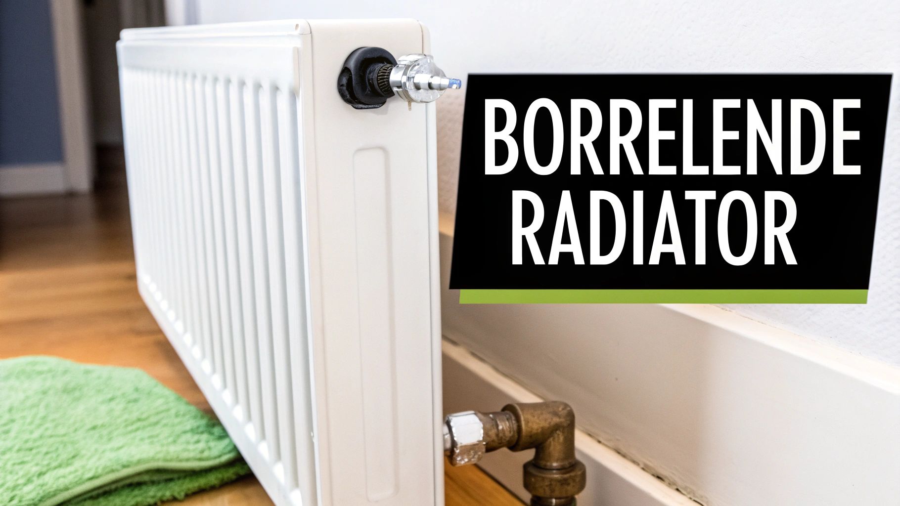Witte radiator met ontluchtingskraan en borrelende radiator tekst op een sticker.