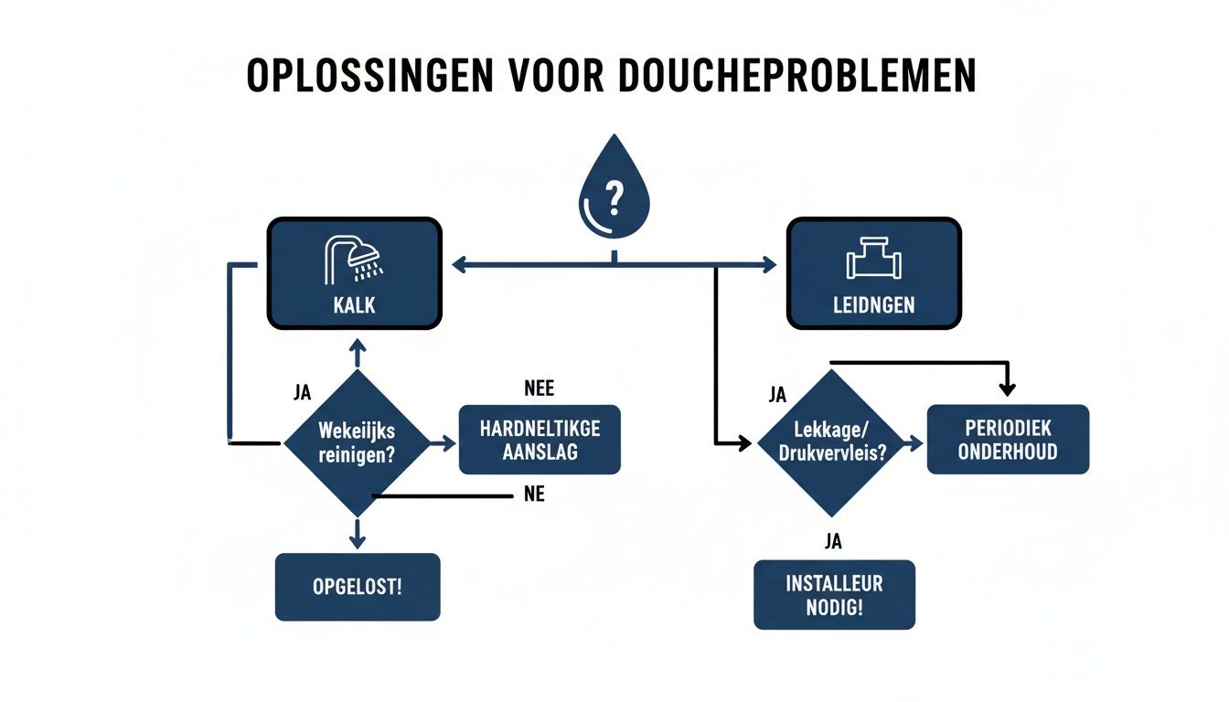Stroomdiagram over oplossingen voor doucheproblemen, zoals kalkaanslag en leidinglekkage, met stappen voor onderhoud en reparatie.