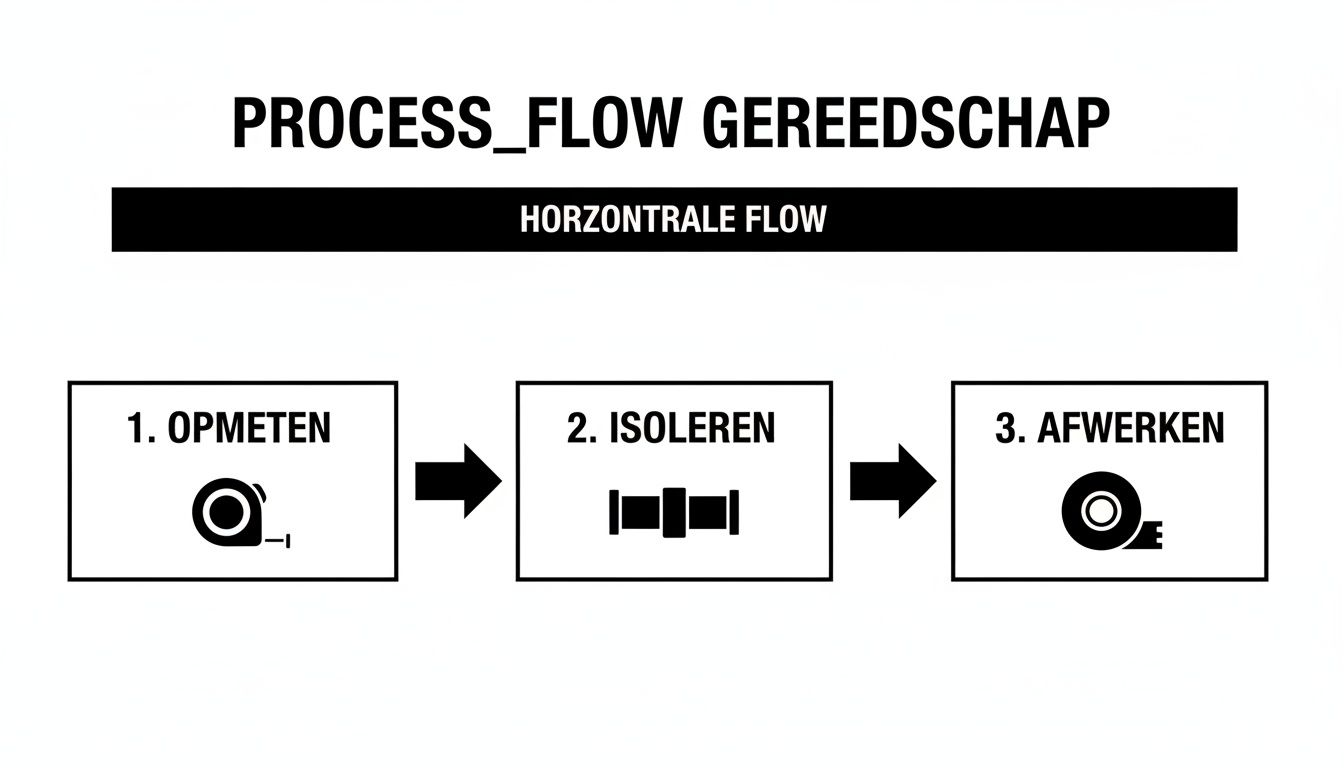 Afbeelding van een stappenplan voor gereedschap isolatie, inclusief opmeten, isoleren en afwerken, met bijbehorende iconen.