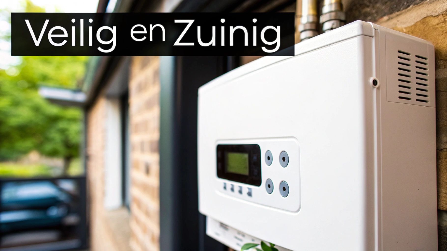 Een witte CV-ketel gemonteerd aan een bakstenen muur met een zwart tekstvak 'Veilig en Zuinig'.