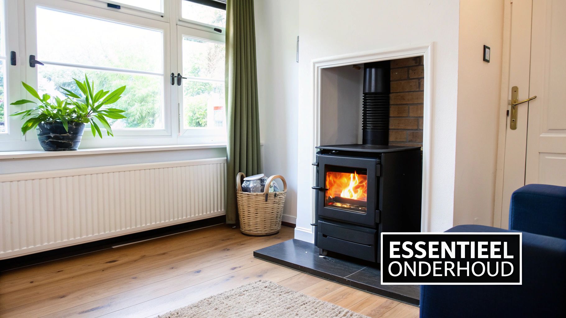 Een gezellige woonkamer met brandende houtkachel, groot raam, plant, radiator en houten vloer.