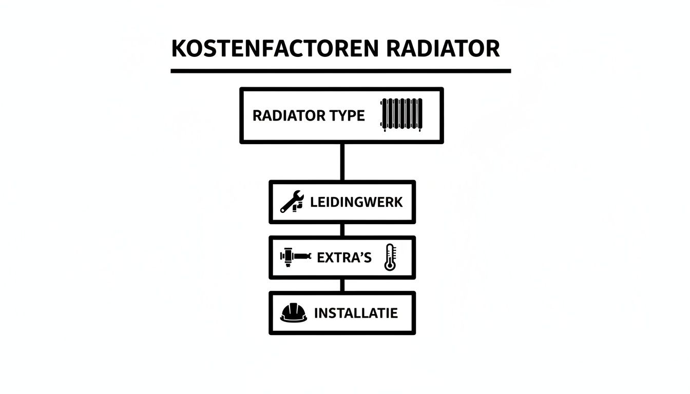 Diagram toont kostenfactoren voor radiatoren: type, leidingwerk, extra's en installatie.