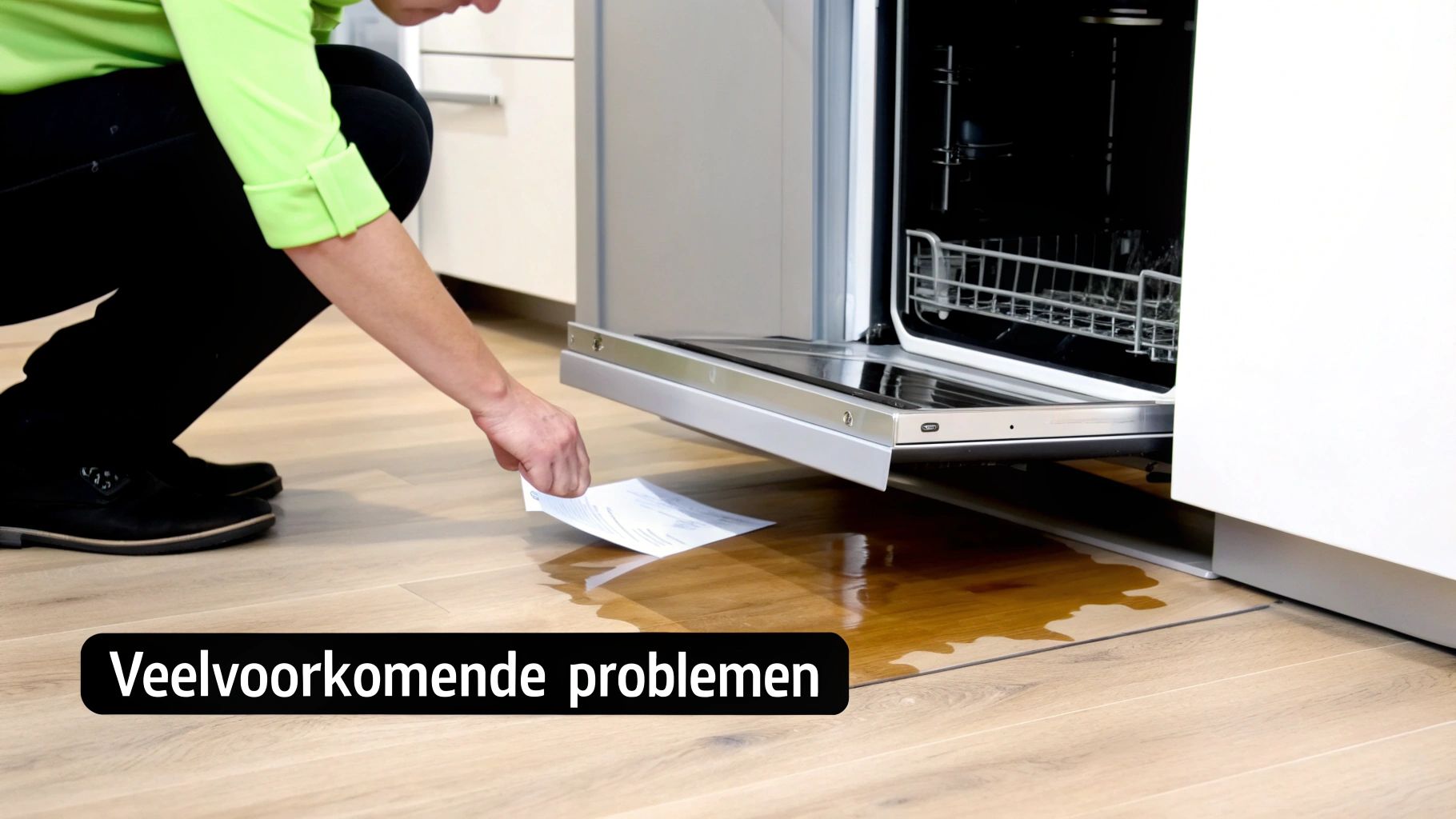 Een persoon knielt en ruimt water op dat lekt uit een vaatwasser op een houten vloer.