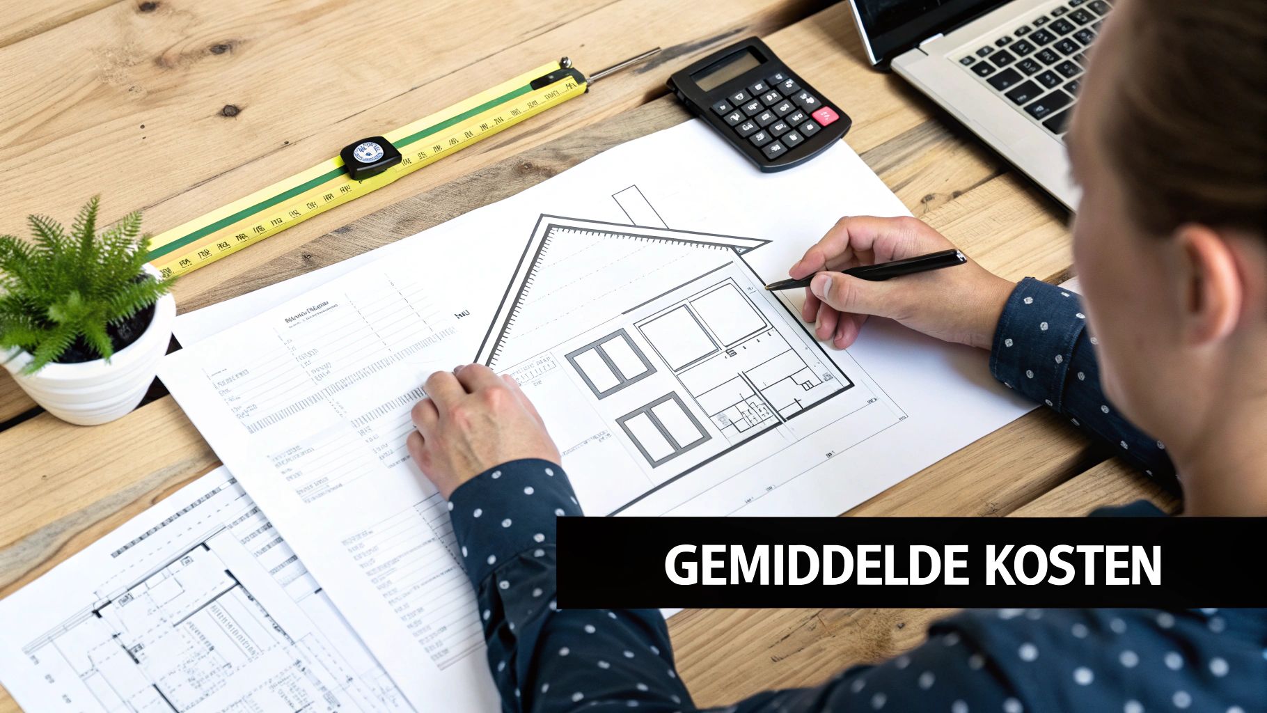 Persoon werkt aan bouwtekening van een huis met calculator, liniaal en laptop op een houten bureau.