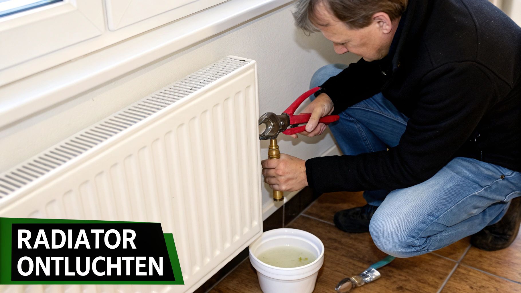Man ontlucht radiator met een tang en vangt vuil water op in een witte emmer.