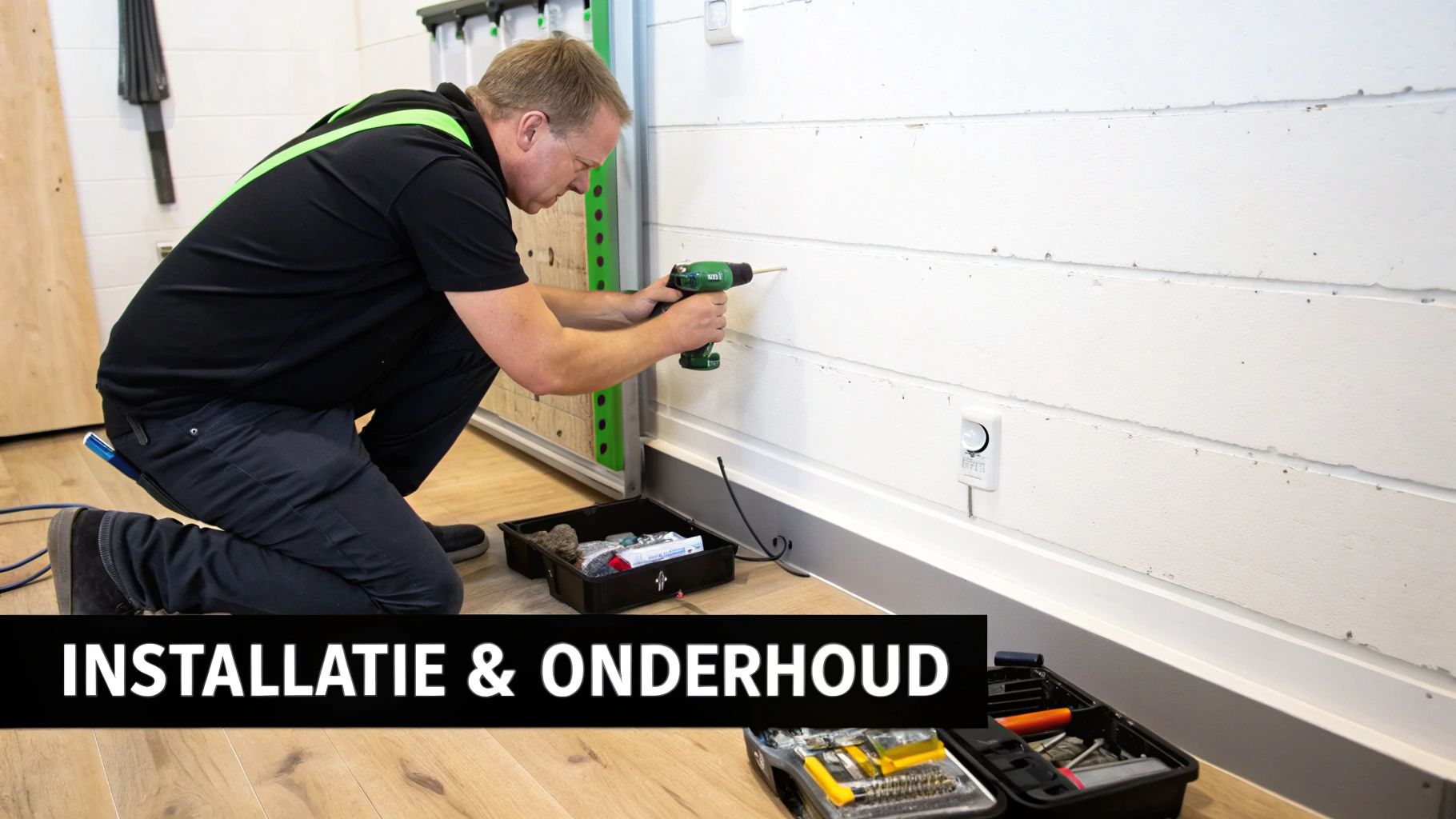 Een man knielt en boort met een boormachine in een witte muur, bezig met installatiewerkzaamheden. Er liggen gereedschapskisten op de houten vloer.
